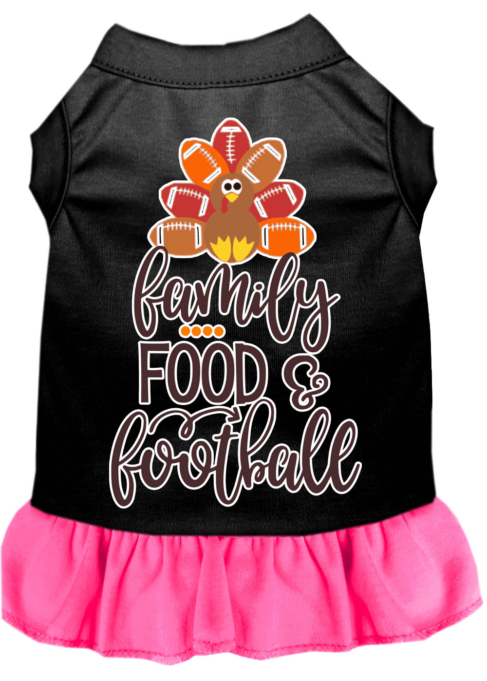 Family, Food, and Football Screen Print Dog Dress Black with Bright Pink Lg